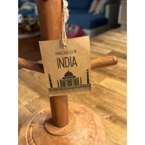 Wooden Mug Tree 6 Spot Holder Handcrafted In India NWT Etched Design On Base - Picture 3 of 7